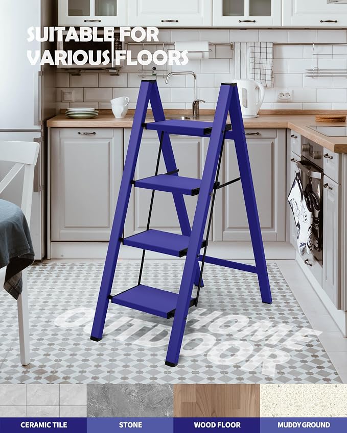Taranta 4 Step Stool Foldable,Aluminum Step Ladder-Blue | Lightweight,Wide Anti-Slip Pedals,Folding Step Stool,330lbs Capacity Stepladder for Household,Kitchen,Office