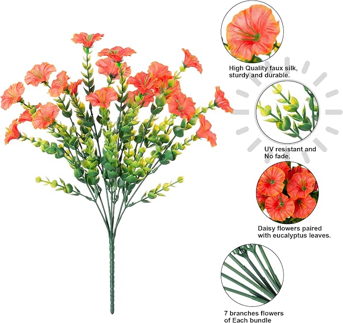 Artificial Flowers for Outdoors Fake Plants Spring Summer Decor, 12 Bundles Orange Silk Morning Glory with Eucalyptus Look Real UV Resistant Faux Flowers for Outside Planters Front Door Yard Indoor
