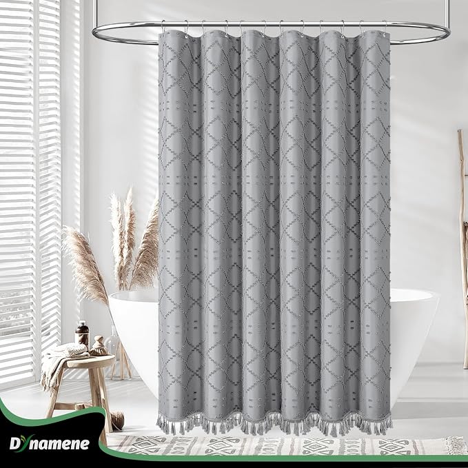 Boho Farmhouse Fabric Shower Curtain Tufted Geometric 72x72 Grey | Elegant Tassel, Soft Lightweight Textured Fabric, Water Repellent, Washable, Hotel Spa, for Bathroom/Dorm/Apartment 12 Hooks
