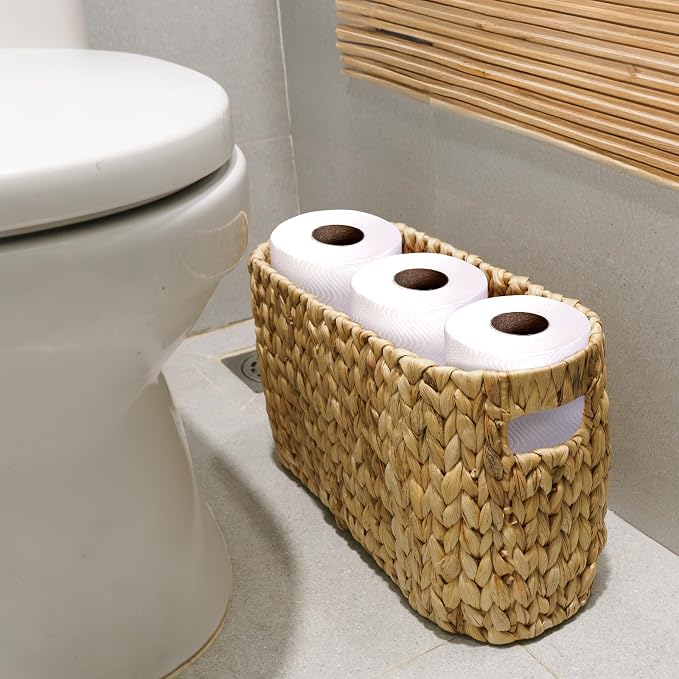 KOKODO Water Hyacinth Toilet Paper Storage Basket with Handles, Free Standing Wicker Basket for Toilet Paper, Magazines, Toiletries & Cleaning Supplies, Holds 6 Rolls