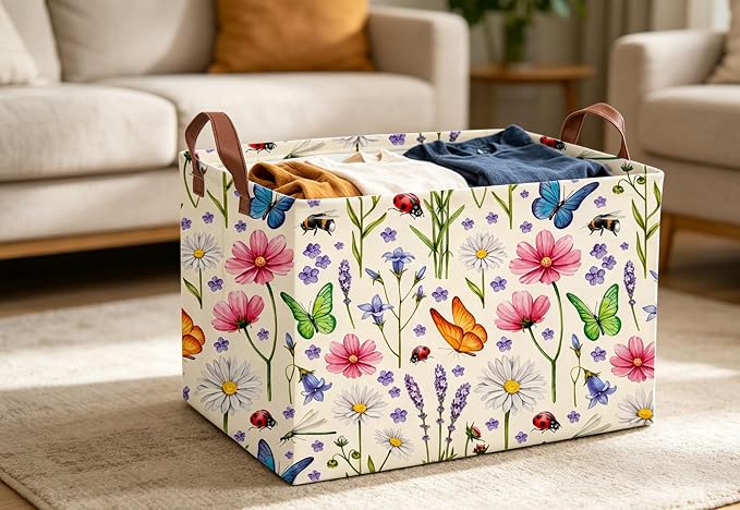 Essme Rectangular Basket, Flower Storage Basket with Handles for Room Decor,（Flower cluster）