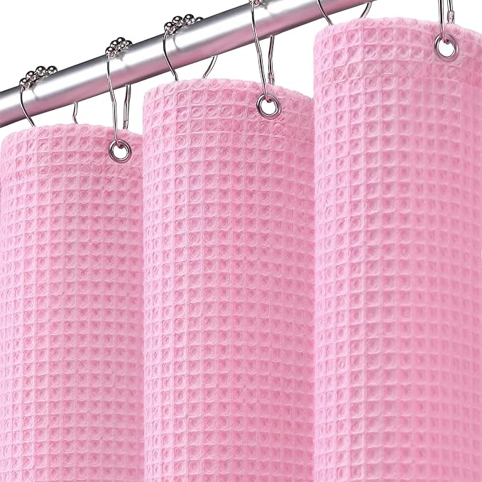 Waffle Weave Shower Curtain Heavyweight Cotton Fabric Pink 72Wx72L | Soft Cotton Cloth,3D Square Truely Waffle Washable, Hotel Luxury Spa, Shower Curtain Set for Bathroom 12 Plastic Hooks