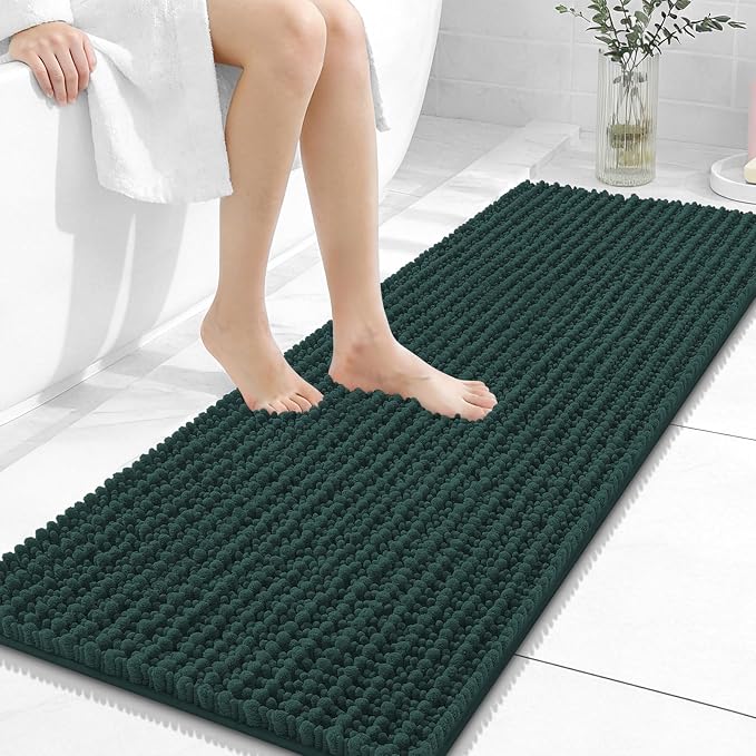 OLANLY Bathroom Runner Rugs 47x17, Thick Soft Absorbent Chenille Bath Rugs | Blackish Green, Quick-Drying Rubber Backing, Long Shaggy Bath Mat, Washable for Floor, Tub and Shower, Home Decor Accessories