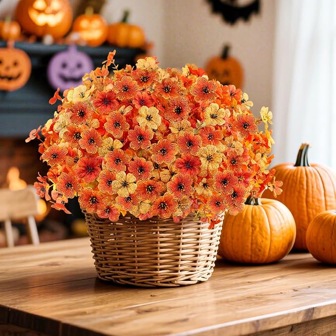 16PCS Artifcial Fall Flowers for Outdoor Decorations, Mix Orange | Realistic Orange Autumn Artificial Flowers, Porch Yard Fall Decor, Thanksgiving & Harvest Home Decorations