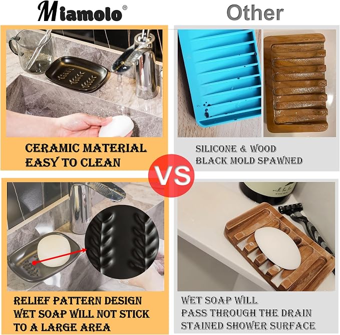 Miamolo Soap Dish for Bathroom, Bar Soap Holder for Shampoo Bars, Sponges | Raised Ridges Drain, Soap-Saving | Ceramic Soap Sver Dishwasher Safe, Fit 1-2 Large Bars | Bath Counter & Kitchen Sink, Black