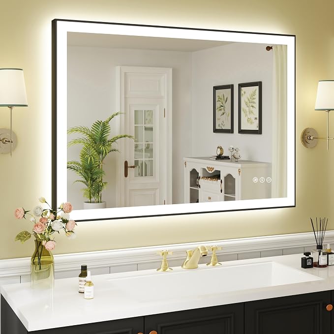 WTTY 40"x30" LED Bathroom Mirror with Black Frame | Aluminum Alloy Framed, Anti-Fog, Dimmable, 3 Color Temperature, Memory Function, Tempered Glass, Lighted Vanity Wall Mirror