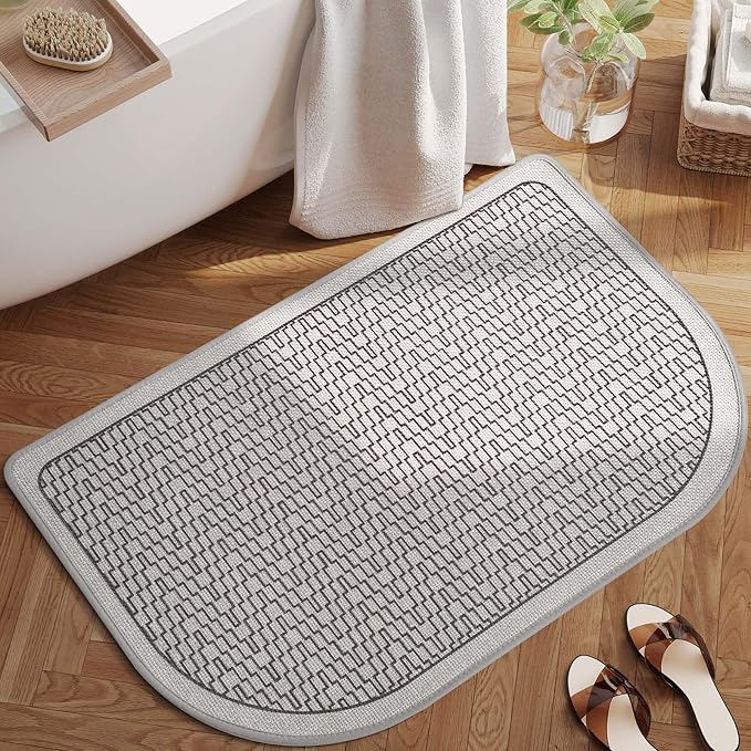 Half Circle Bath Mat, Thin Bathroom Rugs Fit Under Door, Grey 20x31 | Non Slip, Quick Dry Absorbent, Rubber Backing Washable, Semi Circle Bathmat for Bathroom Floor, Tub and Shower, Home Decor