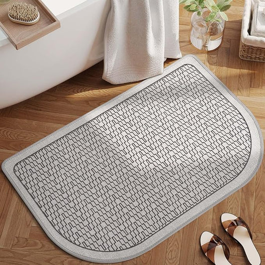Half Circle Bath Mat, Thin Bathroom Rugs Fit Under Door, Grey 20x31 | Non Slip, Quick Dry Absorbent, Rubber Backing Washable, Semi Circle Bathmat for Bathroom Floor, Tub and Shower, Home Decor