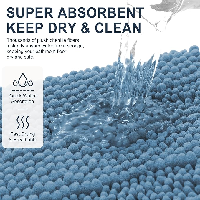 Smiry Thick Chenille Bathroom Runner Rugs 47x17, Soft Bath Mat, Airy Blue | Quick‑Dry & Machine Washable, Non‑Slip Bath Carpet, Striped Bath Rugs for Tub & Shower, Modern Home Decor Accessories