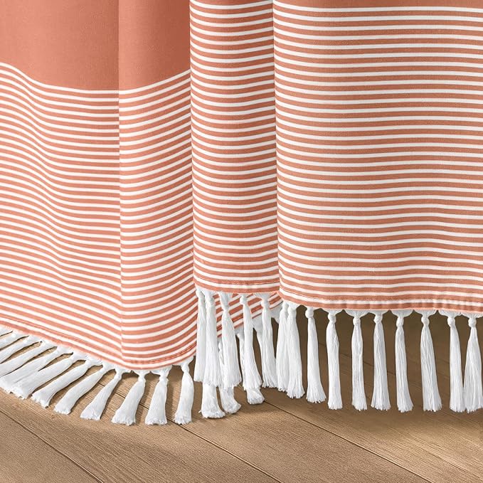 Coral Boho Cotton Striped Shower Curtain with Tassel 72" W X 72" L | Boho Farmhouse Shower Curtains for Bathroom with Soft Cotton Feel