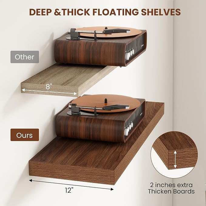 12 Inch Deep Floating Shelves for Wall, 24 Inch Wide Wall Shelves Set of 2, 2 Inch Thick Heavy Duty Invisible Wall Mounted Shelves for Kitchen Living Room,Walnut Color
