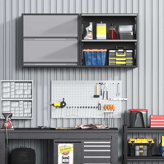 2 Door Garage Wall Cabinet with Up-Flip Door, 25.6" H Metal Wall Cabinet | Wall Mounted Metal Storage Cabinet for Garage,Basement,Ware House Assembly Required