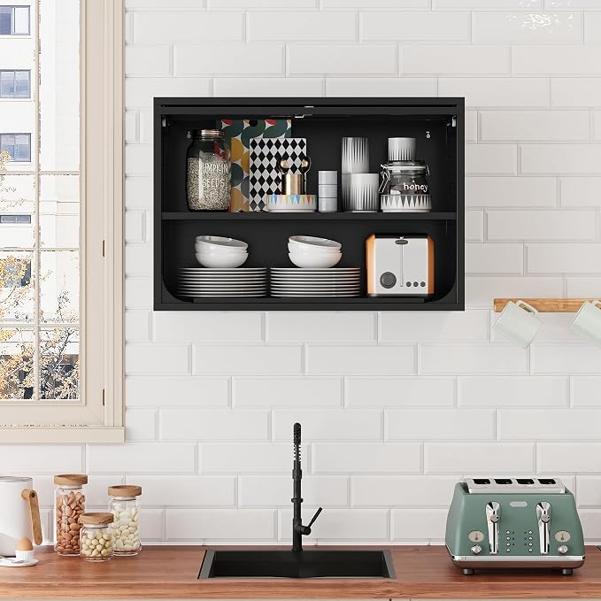 Fesbos Metal Storage Cabinet Black Wall Cabinets with Shelf and Locking Door - Wall Mounted Storage Cabinet for Garage Warehouse Home Office - Assembly Required