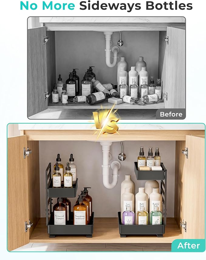 EVERIE Height Adjustable 2 Tier Metal Pull Out Slide Shelf Organizer for Under Sink Cabinets in Kitchen, Bathroom, with Snap-on Top Tray, 16" Deep (Black, 2 Sets) | Pull Out