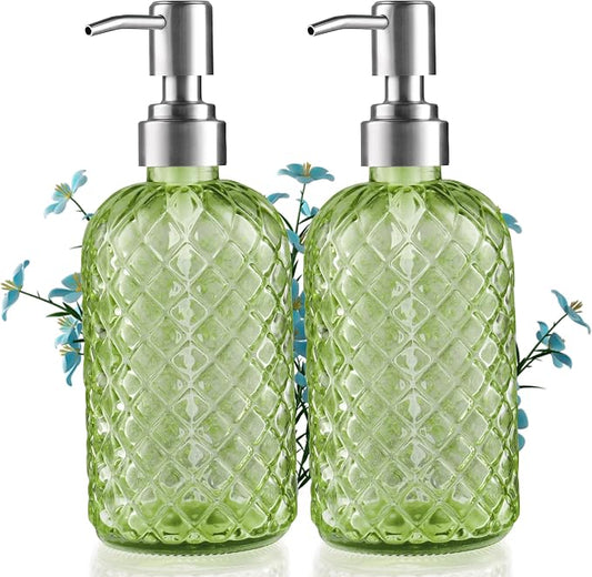 Kaishun Refillable Glass Soap Dispenser (2PC) for Hand Soap & Lotion, Green