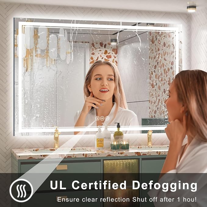 48''x36'' Lighted Mirrors for Bathroom Wall Backlit + Front Lit, Rectangular LED Bathroom Mirror Frameless with Lights Anti Fog, Dimmable, 3 Colors,Tempered Glass, Shatter-Proof (Color 1
