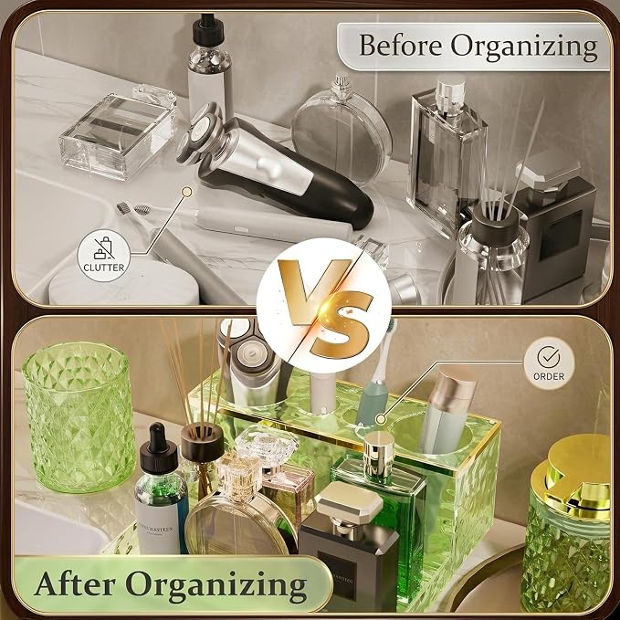 Glass Bathroom Accessories Set 5Pcs Crystal Green - Foaming Soap Dispenser, Soap Dish, Cup, Acrylic Toothbrush Holder with Tray Organizer, Cotton Swab Jar, Bathroom Counter Set Sink Decor