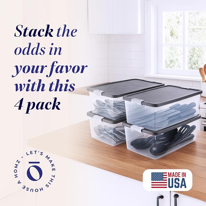 HOMZ 4-Pack Secure Latch, Clear Plastic Storage Organizer Bins, 15 Quart, Gray Lid - Stackable Container Boxes for Bedroom, Bathroom, Garage, and Office Organization