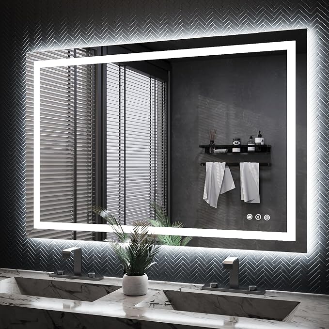 ISKM 48x32 LED Mirror for Bathroom, Front and Back Lit, Anti-Fog, Dimmable | Memory Function,ETL,3 Color Temps 3000K-6000K,IP65 Waterproof ,Tempered Glass, Plug in or Hardwired, for Makeup & Shaving