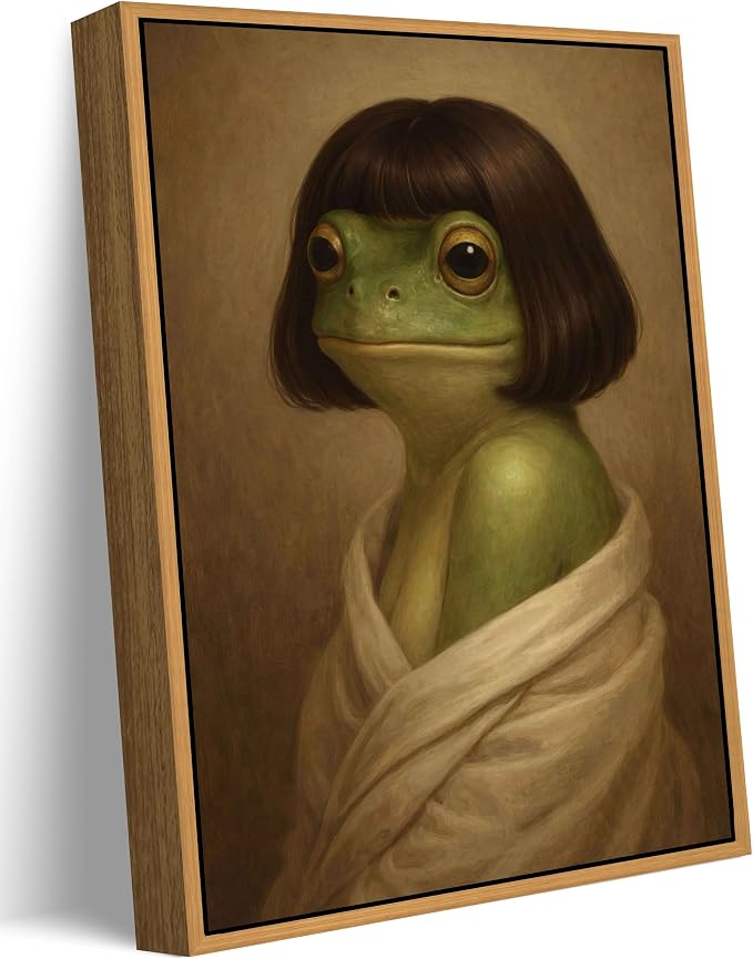 Floating Framed Whimsical Frog Canvas Wall Art, Funny Bathroom Frog Wall Decor, Eclectic Animal Print Poster, Vintage Abstract Animal Picture Artwork for Bathroom, Bedroom Home Decoration, 12x16in