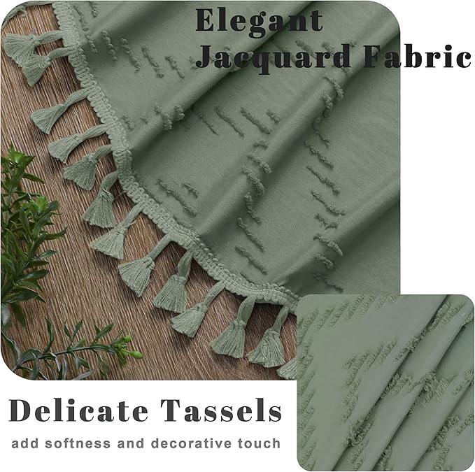Extra Long Sage Green Boho Shower Curtain, Chic Tufted Chevron Striped Textured Fabric Cloth Shower Curtains with Tassel for Bathroom, Soft Hotel Style Farmhouse, Machine Washable, 72x84
