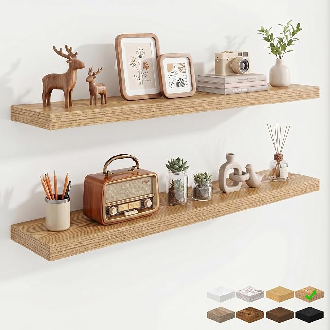 9.25in Depth 48in Floating Shelves, 48x9.25x1.4, Light Brown, Set of 2 | Long Wall Mounted Engineered Wood Shelves with Invisible Brackets for Living Room, Bedroom, Bathroom, Kitchen