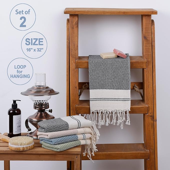 Evelynen Turkish Hand Towels for Bathroom & Kitchen Towels Decorative Set of 2 | Boho Farmhouse Hand Towels with Hanging Loops for Face, Tea, Dish, Kitchen & Bath | (16" x 32" - Black)