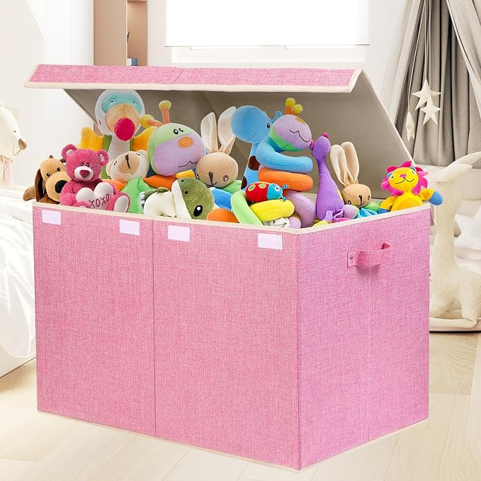 122L Large Toy Box Chest Storage with Lid, Collapsible Kids Toy Storage | Toy Chest with with Removable Divider for Kids, Boys, Girls, Nursery, Living Room, Bedroom, 26"x17" x17" (Linen Pink)