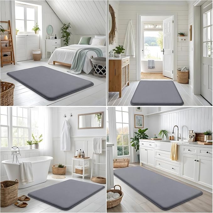 Smiry Memory Foam Bath Mat 24x16, Extra Soft and Absorbent Bathroom Rugs | Medium Grey, Quick Dry Machine Washable Non-Slip Bath Mat for Bathroom Floor, Shower and Tub