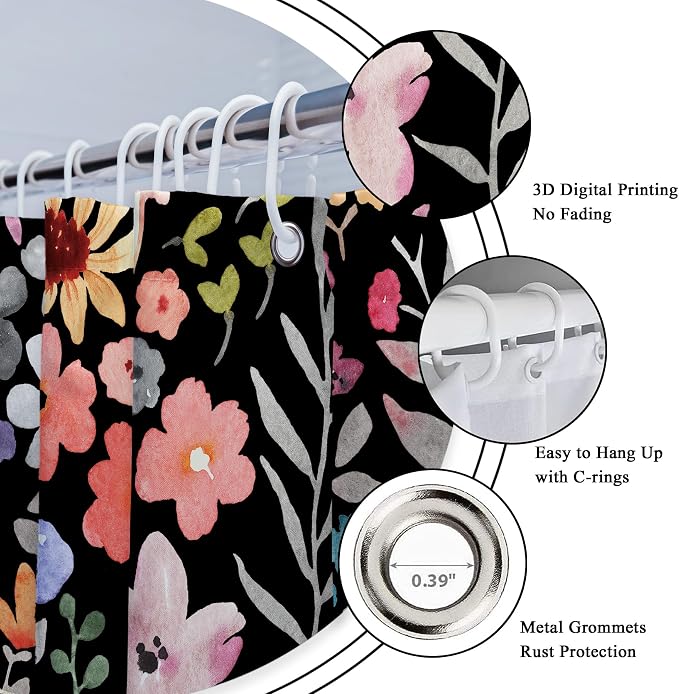 Black Dark Floral Flowers Watercolor Plants Art Bathroom Shower Curtain Set | 72"W x 72"H Leaves Botanical; waterproof HD print, quick-dry fabric with 12 hooks for easy hanging.
