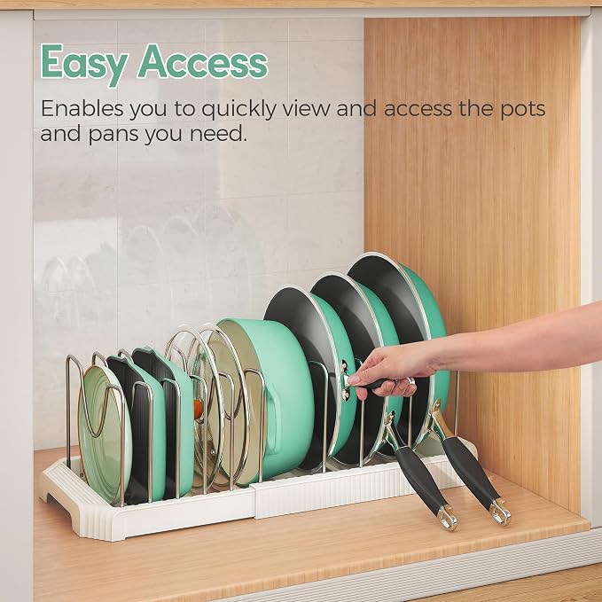 Expandable Pan Organizers Inside Cabinet with 10 Dividers White | Extends 12.9-21.9", Holds cookie sheets, cutting boards, pot lids and pans, iron dividers, plastic base, under cabinet rack