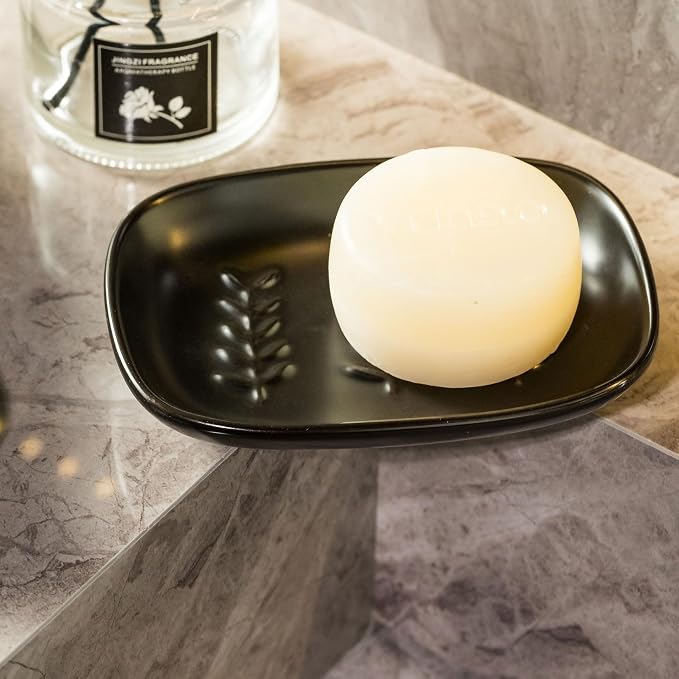 Miamolo Soap Dish for Bathroom, Bar Soap Holder for Shampoo Bars, Sponges | Raised Ridges Drain, Soap-Saving | Ceramic Soap Sver Dishwasher Safe, Fit 1-2 Large Bars | Bath Counter & Kitchen Sink, Black