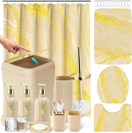 21PCS Bathroom Sets with Shower Curtain and Rugs Bathroom Accessories Set Beige Bathroom Set Complete with Trash Can, Toilet Brush, Qtip Holder & 3PCS Soap Dispenser
