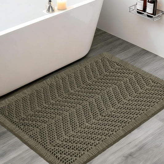 Upgraded Waffle Bath Mat, 32"x20" Greyish Green-Herringbone, Super Absorbent Non-Slip Quick Dry Bathroom Rugs with Tassels, Machine Washable Ultra Soft Boho Bath Rugs, Toilet Mats Boho Farmhouse Decor