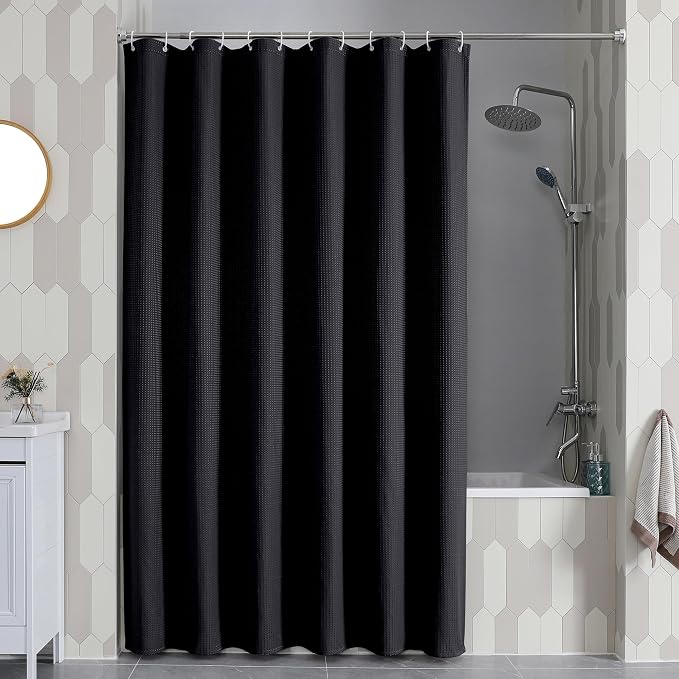 Long Fabric Shower Curtain Set, Waffle Textured Shower Curtain for Bathroom - Weight 230GSM Heavy Duty Hotel Spa Luxury Bath Curtain Set with 12 Plastic Hooks, 72x78, Black