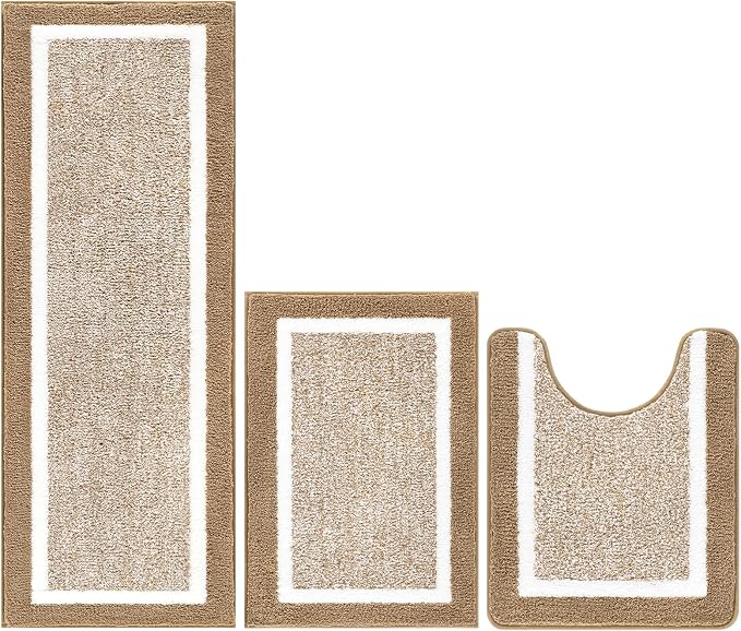 Pauwer Bathroom Rugs 3 Piece Set, Non Slip Washable Bath Mat, Khaki | Soft Plush Microfiber, Super Absorbent Floor Carpet, U Shaped Toilet Mats, Quick Dry, Shaggy Shower Rugs Runners