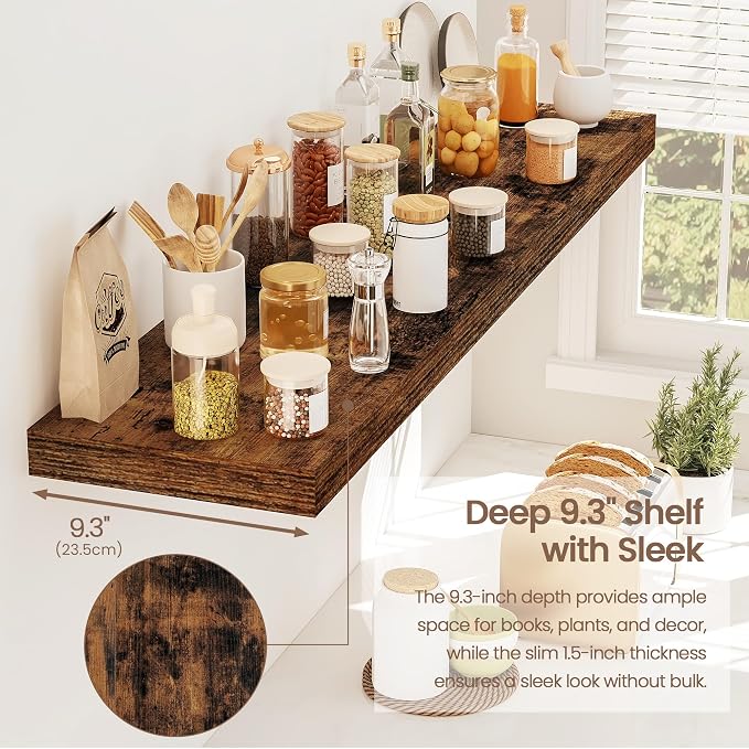 Vivelove Floating Shelves 9 inch Deep 40”Long Set of 2, Rustic Brown | Easy Install With Hardware, 1.5" Thick, Invisible Brackets, Wall Mounted, No Sagging, For Any Room