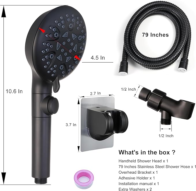 GwernKB Handheld Shower Head with On Off Switch,8-mode High Pressure Shower Wand with Long Hose and Bracket Extra Adhesive Holder for Lower Mount,Built-in Power Wash to Clean Tub,Tile & Pets,Black…