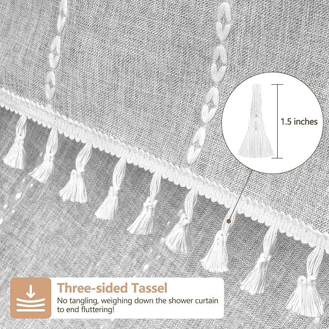 Seenus 72 x 76 inch Extra Long Boho Chic Shower Curtain Heavyweight with Tassels, Grey Linen Textured Fabric Farmhouse Shower Curtain, Elegant Gray White Striped Bathroom Curtain Water Repellent