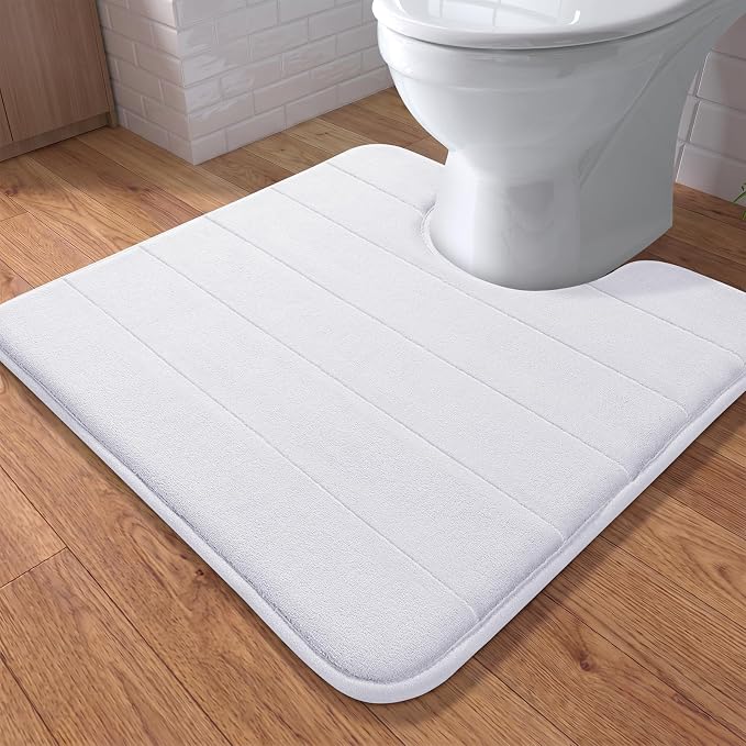 Yimobra Memory Foam Toilet Bath Mat U-Shaped, Soft and Comfortable, Super Water Absorption, Non-Slip, Thick, Machine Wash and Easier to Dry for Bathroom Commode Contour Rug, 24 X 24 Inches, White