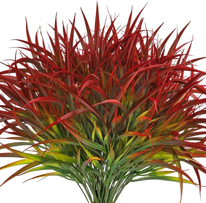 16 Pcs Artificial Plants Outdoor Fake Fall Greenery Stems, Red | Faux grass, UV resistant, plastic plants shrubs, autumn Thanksgiving garden pathway window farmhouse front porch home decor