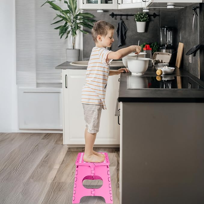 Delxo Folding Step Stool 11 Inch,300 Lbs Step Stool for Kids & Adults Pink | Foldable Step Stool 11",Non-Slip Foot Stools with Handle,Lightweight Collapsible stools for Kitchen,Bathroom,Bedroom,Garden