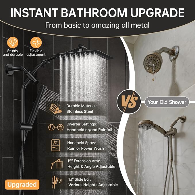 Veken All Metal 10" Luxurious Rain Shower Head with Handheld Spray,Square | Best Dual High Pressure Shower Heads Combo,Double Detachable Showerhead, Adjustable Rainfall,Bathroom Accessories,Matte Black