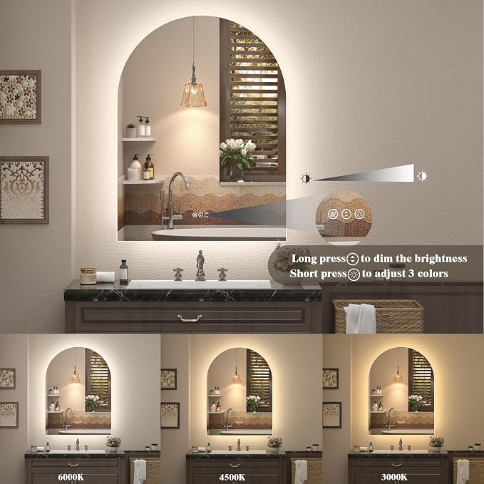 40x30 Inch Backlit Arched LED Mirror for Bathroom | Stepless Dimmable, Anti-Fog, 3 Colors, Shatter-Proof, Memory, ETL Listed, Lighted Vanity Mirror for Wall