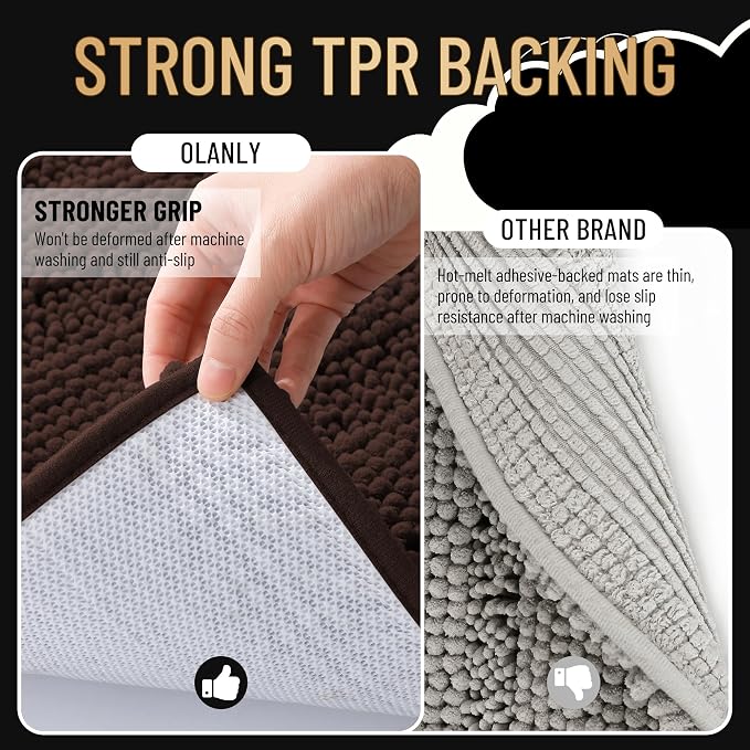 OLANLY Thick Bathroom Runner Rugs 47x17, Soft Chenille Bath Rugs, Brown | Absorbent Striped, Rubber Backing, Machine Wash, Long Bath Mats for Bathroom Floor, Tub and Shower, Home Decor Accessories