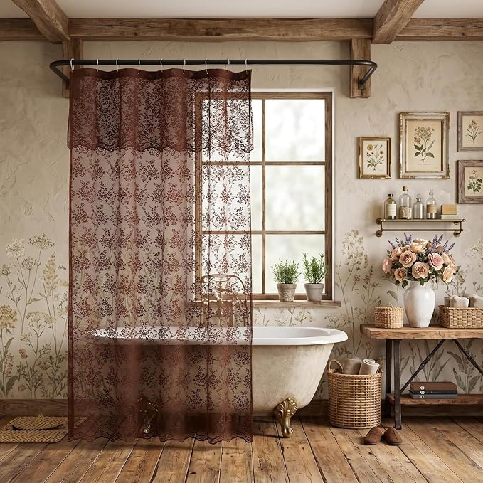 Chocolate Brown Shower Curtain 72x72, Vintage Lace with Attached Valance | Brown Lace Shower Curtain with Scalloped, Floral Trim, Lets in Soft Light for Rustic, Boho and Moody Bathroom Decor