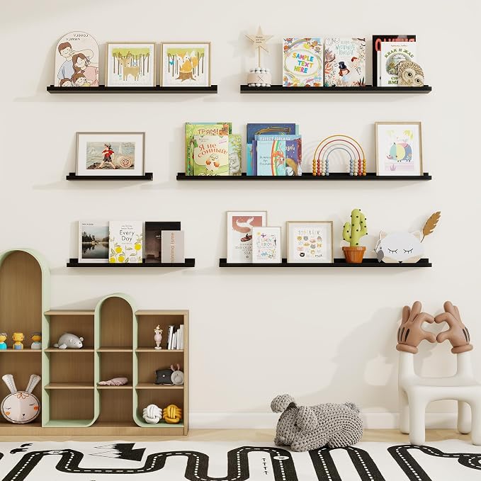 Picture Ledge Shelf, Floating Shelves Set of 2, 40 Inches Solid Wood Nursery Book Shelves for Toys Storage, Kids Bookshelf Wall Mounted for Living Room Bedroom Decor Books Photo Frames, Black