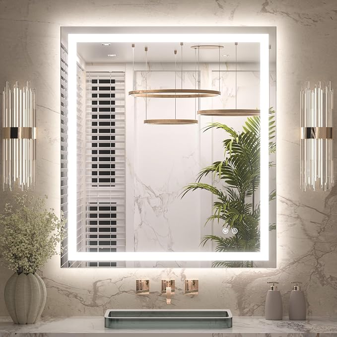 Keonjinn 32x36 Inch LED Bathroom Mirror with Lights, Frontlit & Backlit | HD Tempered Grass, 3-Color Temperature & Stepless Dimmable Lighting, Fast & Safe Defogging, Effortless Installation