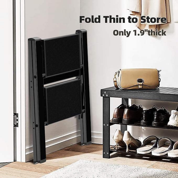 HillhutApex Aluminum Step Stool Foldable,2 Step Ladder (Black) | Lightweight Portable step ladder with Anti-Slip Wide Pedal,330lbs Capacity Ladder for Household,Office,Kitchen