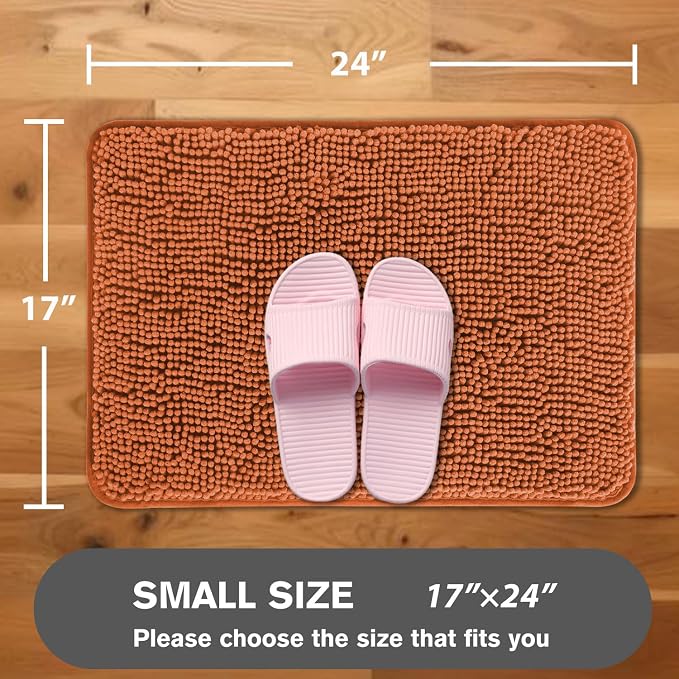 Burnt Orange Bathroom Rugs – Absorbent and Washable Bath Mat, Non-Slip, Thick Soft Chenille Bath Rugs for Bathroom Floor, Shower, Sink - 17" x 24"